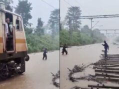आगे लाल झंडी लेकर चला रेलकर्मी, पीछे 3 फीट पानी चीरती रही ट्रेन; सतना-मानिकपुर ट्रैक का VIDEO वायरल